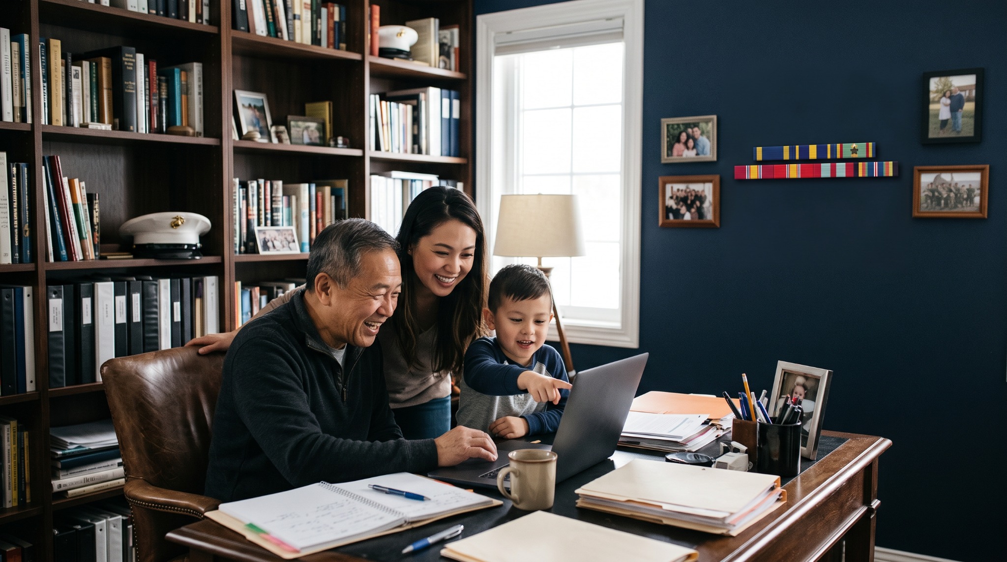 Illustrative family scene with a grandfather, child and oversized military ribbons displayed in a home office.