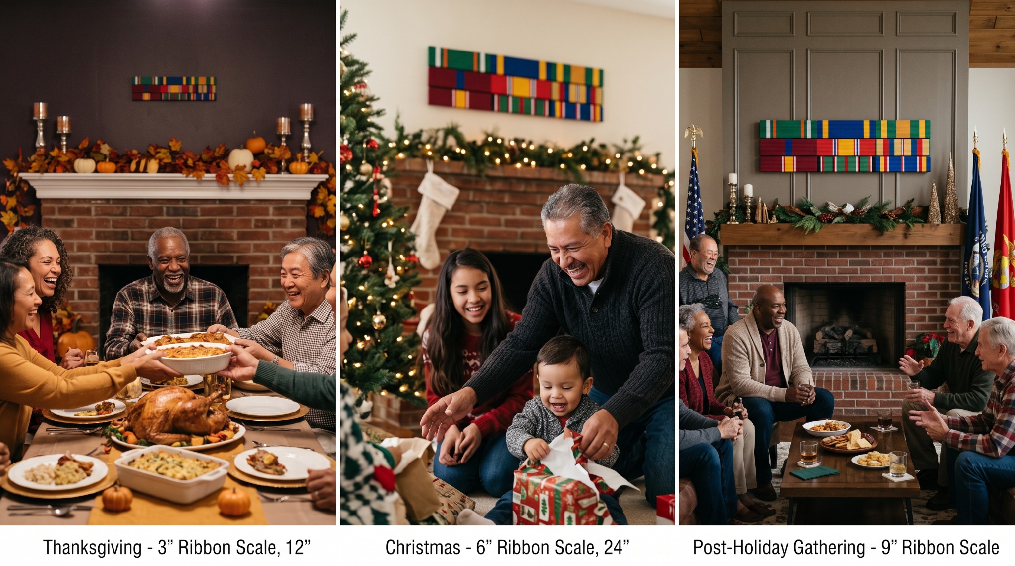 Illustrative holiday family scenes with oversized military ribbon wall art displayed above a fireplace.